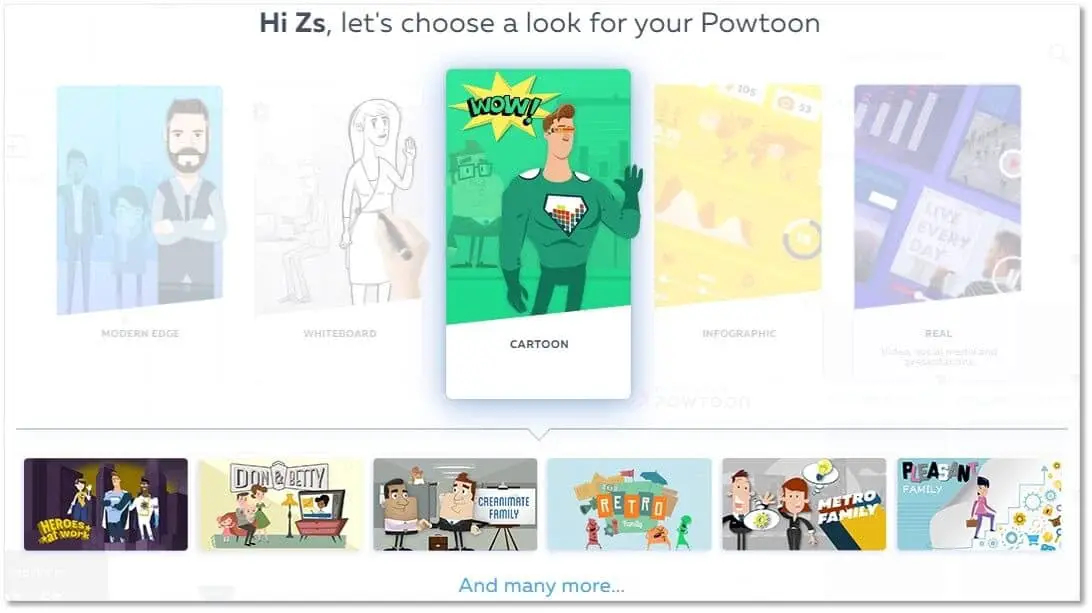 PowToon選擇各種不同的動畫主題和風格