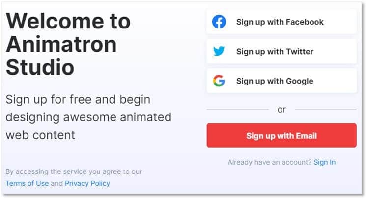 Animatron的註冊頁面