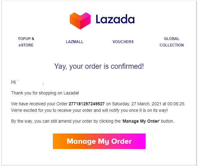 Lazada Order Confirmation